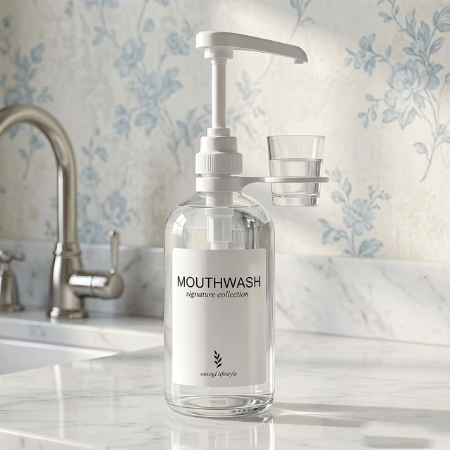 Alt view image 3 of 7 - Onsogi Glass Mouthwash Dispenser with White Cup Holder and Pump, 16 Oz Rustic Boho Mouthwash Dispenser for Bathroom Farmhouse Decor - 1 Pack Clear
