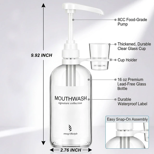 Alt view image 4 of 7 - Onsogi Glass Mouthwash Dispenser with White Cup Holder and Pump, 16 Oz Rustic Boho Mouthwash Dispenser for Bathroom Farmhouse Decor - 1 Pack Clear
