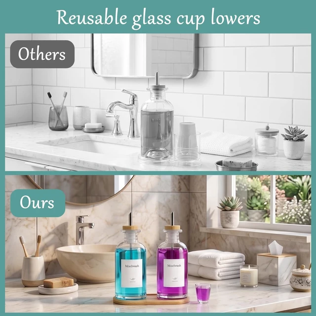 Alt view image 4 of 7 - 11.8OZ Glass Mouthwash Dispenser for Bathroom, Mouth Wash Container Bottle | VEGEVIGI Mouth Wash Dispensers, MouthWash Holder Decanter for Kids and Adults