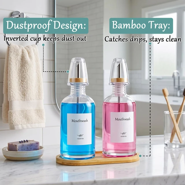 Alt view image 5 of 7 - 11.8OZ Glass Mouthwash Dispenser for Bathroom, Mouth Wash Container Bottle | VEGEVIGI Mouth Wash Dispensers, MouthWash Holder Decanter for Kids and Adults