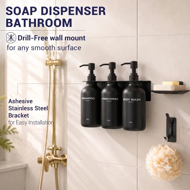 Alt view image 3 of 7 - Upgraded Wall Mount Shampoo and Conditioner Shower Dispenser Set, Black. This drill-free bathroom organizer comes with 3 refillable pump bottles, plus bonus soap dish and hook. Mount easily with stron