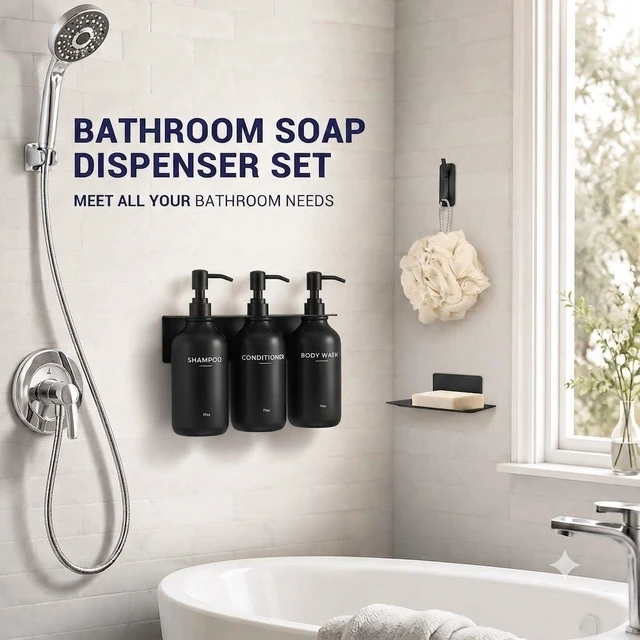 Alt view image 4 of 7 - Upgraded Wall Mount Shampoo and Conditioner Shower Dispenser Set, Black. This drill-free bathroom organizer comes with 3 refillable pump bottles, plus bonus soap dish and hook. Mount easily with stron