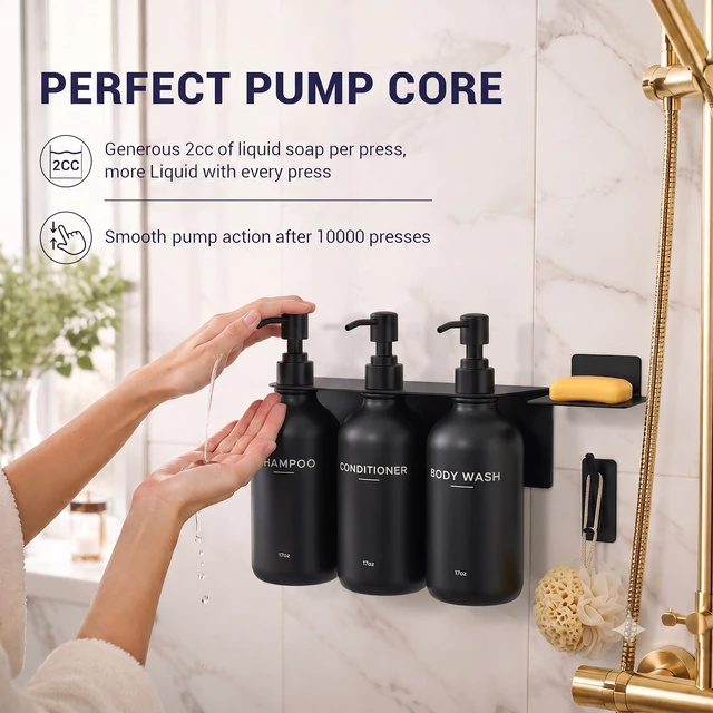 Alt view image 2 of 7 - Upgraded Wall Mount Shampoo and Conditioner Shower Dispenser Set, Black. This drill-free bathroom organizer comes with 3 refillable pump bottles, plus bonus soap dish and hook. Mount easily with stron