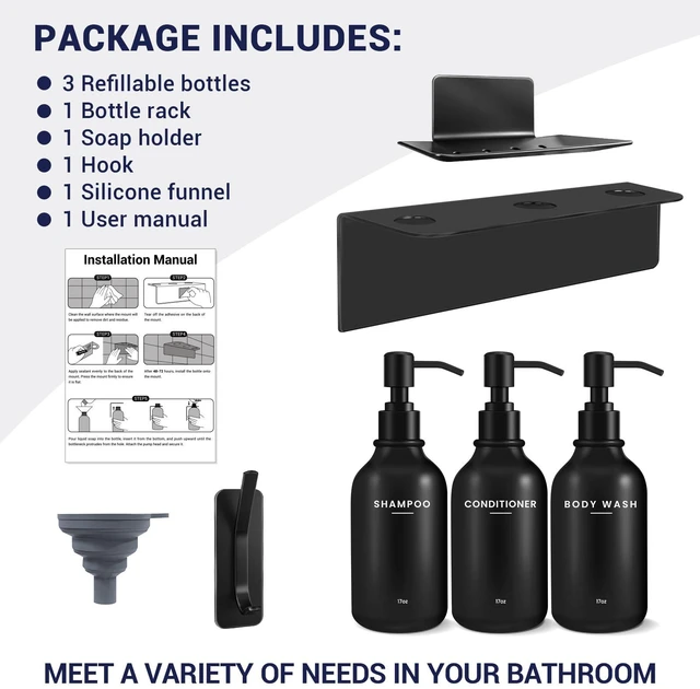Alt view image 5 of 7 - Upgraded Wall Mount Shampoo and Conditioner Shower Dispenser Set, Black. This drill-free bathroom organizer comes with 3 refillable pump bottles, plus bonus soap dish and hook. Mount easily with stron