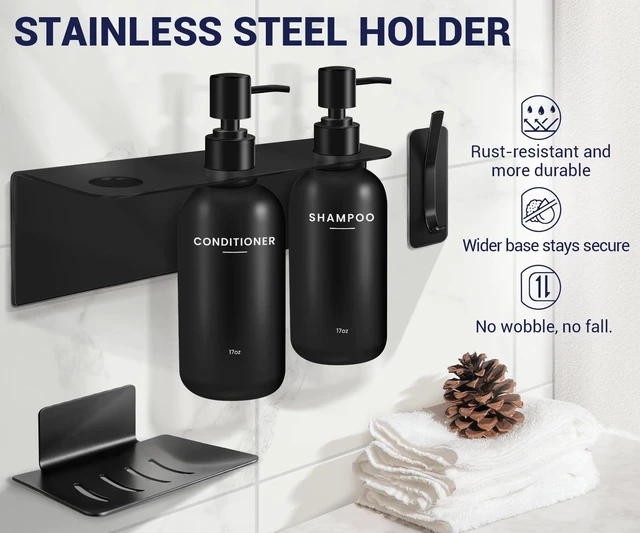 Alt view image 6 of 7 - Upgraded Wall Mount Shampoo and Conditioner Shower Dispenser Set, Black. This drill-free bathroom organizer comes with 3 refillable pump bottles, plus bonus soap dish and hook. Mount easily with stron