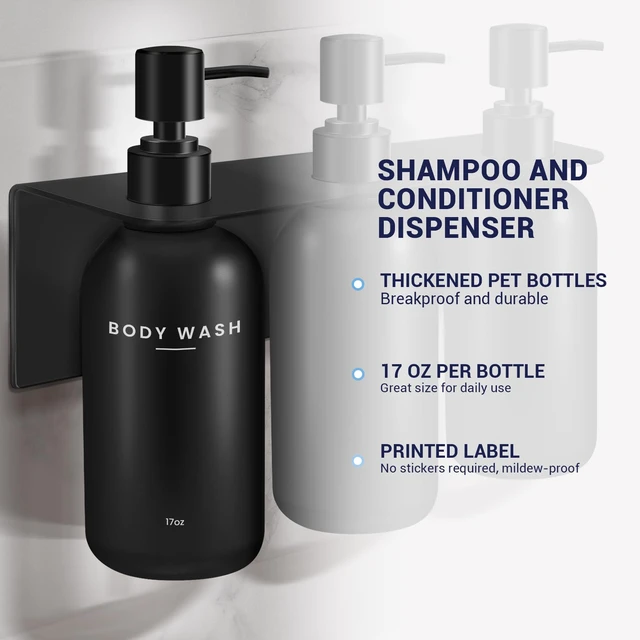 Alt view image 7 of 7 - Upgraded Wall Mount Shampoo and Conditioner Shower Dispenser Set, Black. This drill-free bathroom organizer comes with 3 refillable pump bottles, plus bonus soap dish and hook. Mount easily with stron