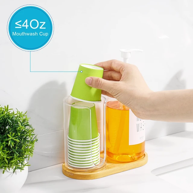 Alt view image 4 of 6 - VITVITI Mouthwash Dispenser for Bathroom, Clear Bottle Container Cup Holder | 17Oz Refillable Clear Mouth Wash Dispenser with Pump/Bamboo Lid/Tray/Label, for Listerine, Plastic