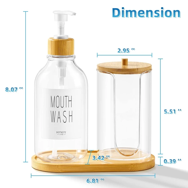 Alt view image 6 of 6 - VITVITI Mouthwash Dispenser for Bathroom, Clear Bottle Container Cup Holder | 17Oz Refillable Clear Mouth Wash Dispenser with Pump/Bamboo Lid/Tray/Label, for Listerine, Plastic