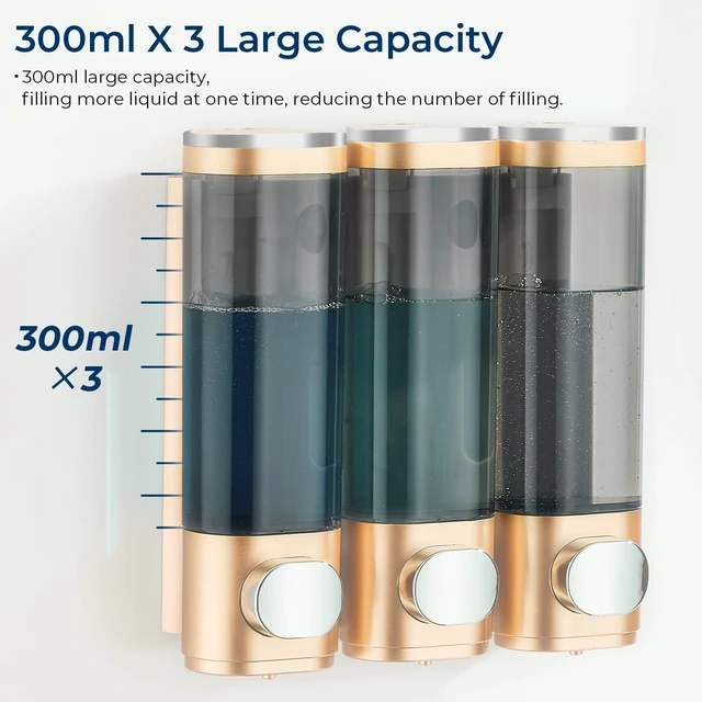 Alt view image 3 of 7 - Pollock Shower Soap Dispenser No Drill 3 Chamber*300ML,Gold | Shampoo and Conditioner Dispenser Wall Mounted,Shampoo Body Wash Conditioner for Bathroom Large Capacity