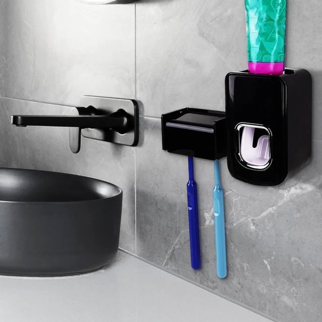 Alt view image 4 of 6 - 2 Slots Wall Mount Toothbrush Holder with Cover, Self Adhesive Toothbrush Storage Organizer for Shower, Toothbrush Hanger with Automatic Toothpaste Squeezer Dispenser(Black)