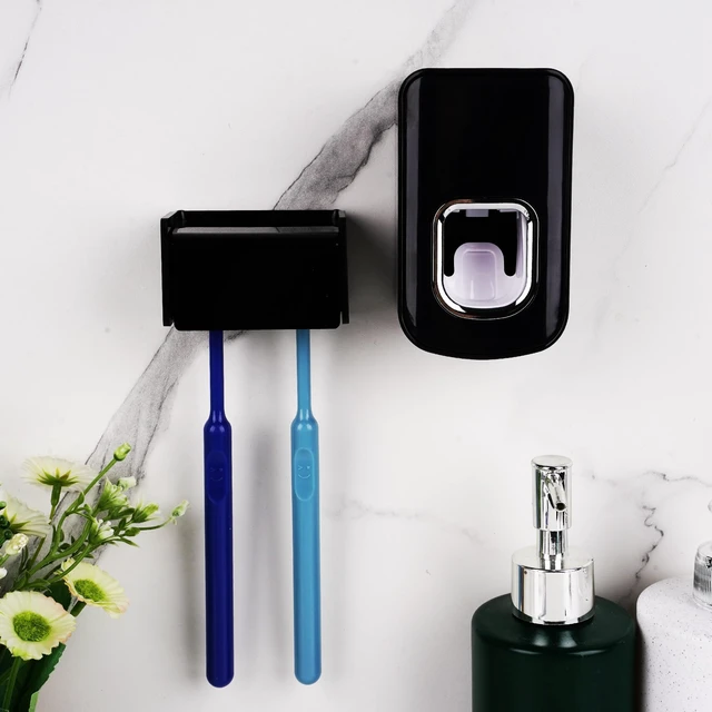 Alt view image 3 of 6 - 2 Slots Wall Mount Toothbrush Holder with Cover, Self Adhesive Toothbrush Storage Organizer for Shower, Toothbrush Hanger with Automatic Toothpaste Squeezer Dispenser(Black)