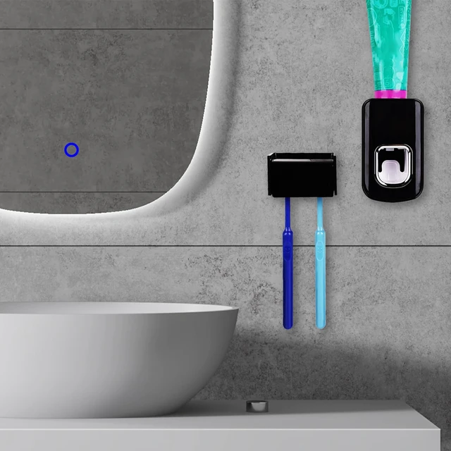 Alt view image 5 of 6 - 2 Slots Wall Mount Toothbrush Holder with Cover, Self Adhesive Toothbrush Storage Organizer for Shower, Toothbrush Hanger with Automatic Toothpaste Squeezer Dispenser(Black)