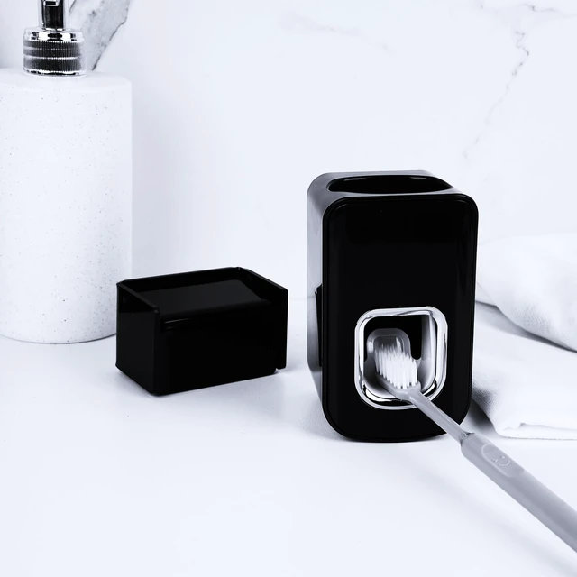 Alt view image 6 of 6 - 2 Slots Wall Mount Toothbrush Holder with Cover, Self Adhesive Toothbrush Storage Organizer for Shower, Toothbrush Hanger with Automatic Toothpaste Squeezer Dispenser(Black)