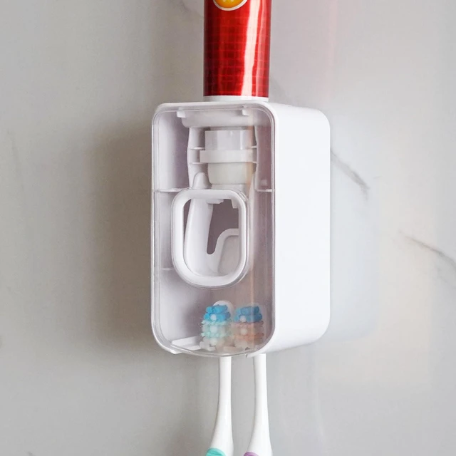Main image of 2 Slot Toothbrush Holder and Toothpaste Dispenser Wall Mounted, Automatic Toothpaste Squeezer, 2 in 1 Tooth Brush Toothpaste Organizer for Shower (Clear)