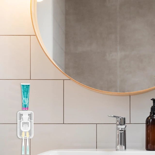 Alt view image 6 of 6 - 2 Slot Toothbrush Holder and Toothpaste Dispenser Wall Mounted, Automatic Toothpaste Squeezer, 2 in 1 Tooth Brush Toothpaste Organizer for Shower (Clear)