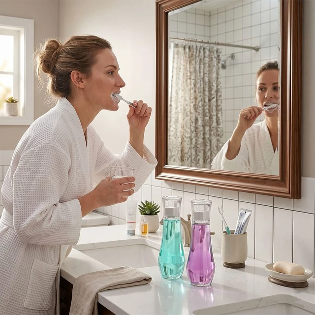 Alt view image 6 of 6 - Mouthwash Dispenser For Bathroom, Glass Mouth Wash Dispensers With Cup, Mouthwash Container Bottle Holder For Adults/Kid, 8.8 OZ, Set Of 2
