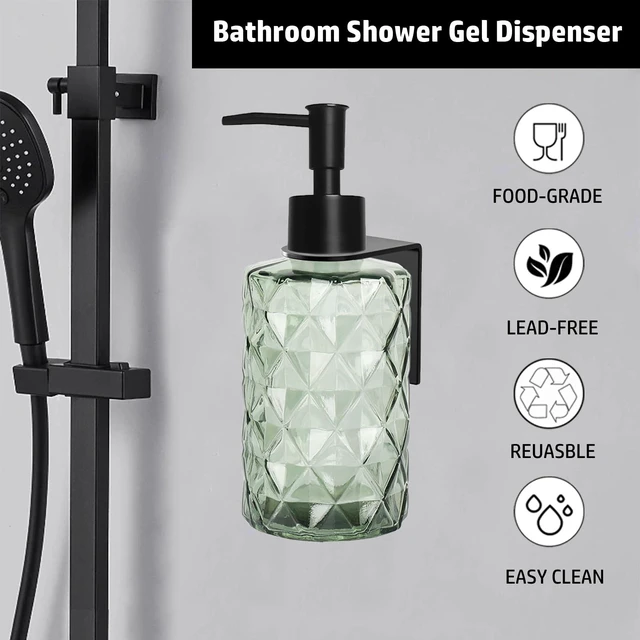 Alt view image 3 of 7 - Green Glass Soap Dispenser, 11oz Clear Shampoo Dispenser for Wall Mount | Clear Glass Shower Soap Bottle for Bathroom, Modern Deaign No Drill, Easy Refill Hand Body Wash Dispensers with Plastic Pump