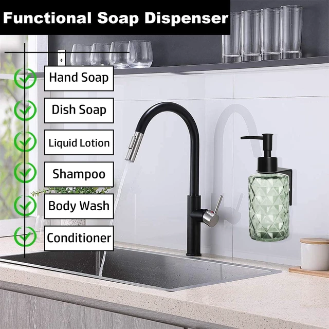 Alt view image 5 of 7 - Green Glass Soap Dispenser, 11oz Clear Shampoo Dispenser for Wall Mount | Clear Glass Shower Soap Bottle for Bathroom, Modern Deaign No Drill, Easy Refill Hand Body Wash Dispensers with Plastic Pump