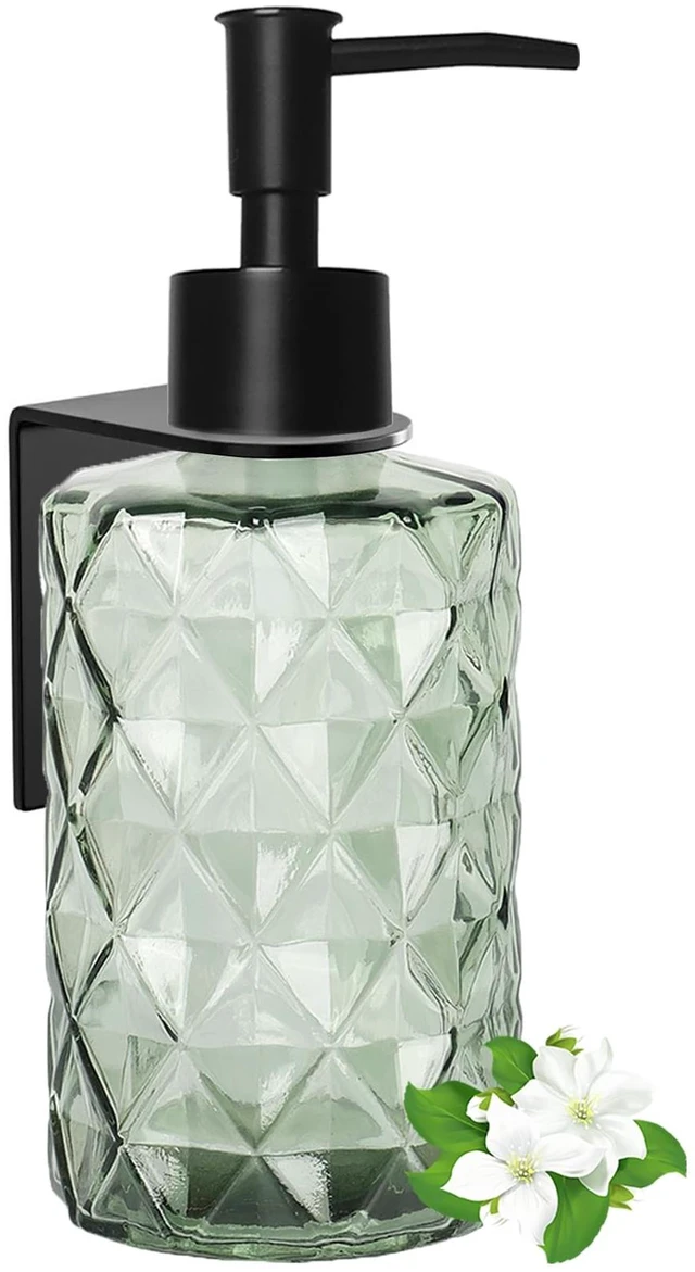 Main image of Green Glass Soap Dispenser, 11oz Clear Shampoo Dispenser for Wall Mount | Clear Glass Shower Soap Bottle for Bathroom, Modern Deaign No Drill, Easy Refill Hand Body Wash Dispensers with Plastic Pump