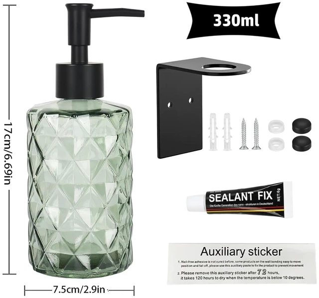 Alt view image 2 of 7 - Green Glass Soap Dispenser, 11oz Clear Shampoo Dispenser for Wall Mount | Clear Glass Shower Soap Bottle for Bathroom, Modern Deaign No Drill, Easy Refill Hand Body Wash Dispensers with Plastic Pump