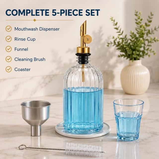 Alt view image 4 of 7 - Mifoci Glass Mouthwash Dispenser for Bathroom Countertop, 14oz Luxury Refillable Mouthwash Container Bottle with Cup, Flip Spout, Stainless Steel Funnel, Coaster for Bathroom Decor Accessories, Clear