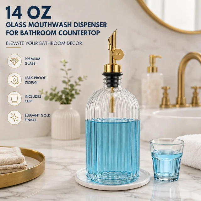 Alt view image 5 of 7 - Mifoci Glass Mouthwash Dispenser for Bathroom Countertop, 14oz Luxury Refillable Mouthwash Container Bottle with Cup, Flip Spout, Stainless Steel Funnel, Coaster for Bathroom Decor Accessories, Clear
