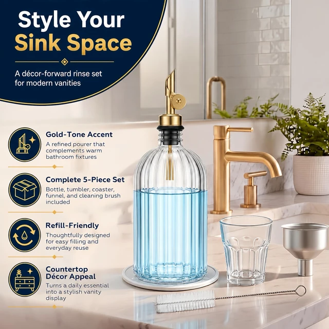 Alt view image 6 of 7 - Mifoci Glass Mouthwash Dispenser for Bathroom Countertop, 14oz Luxury Refillable Mouthwash Container Bottle with Cup, Flip Spout, Stainless Steel Funnel, Coaster for Bathroom Decor Accessories, Clear