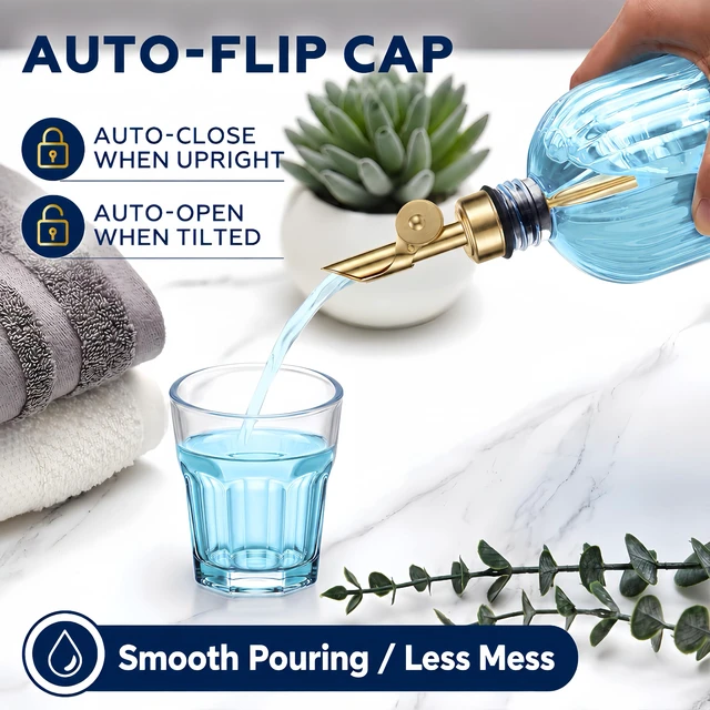 Alt view image 7 of 7 - Mifoci Glass Mouthwash Dispenser for Bathroom Countertop, 14oz Luxury Refillable Mouthwash Container Bottle with Cup, Flip Spout, Stainless Steel Funnel, Coaster for Bathroom Decor Accessories, Clear
