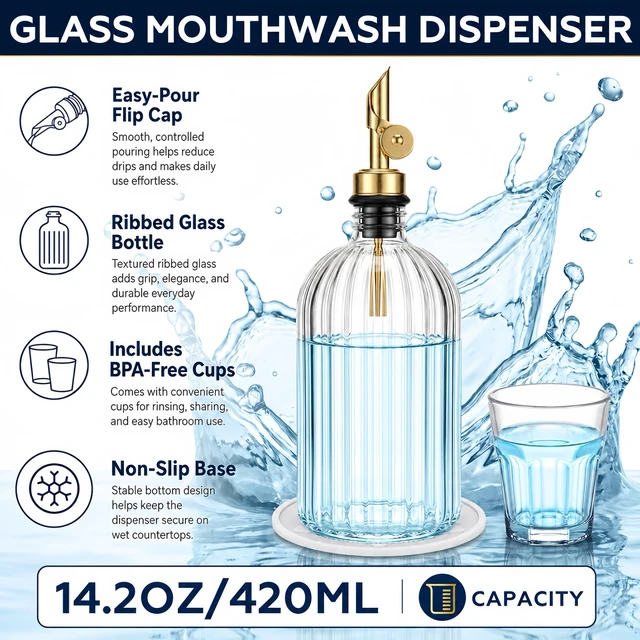 Alt view image 3 of 7 - Mifoci Glass Mouthwash Dispenser for Bathroom Countertop, 14oz Luxury Refillable Mouthwash Container Bottle with Cup, Flip Spout, Stainless Steel Funnel, Coaster for Bathroom Decor Accessories, Clear