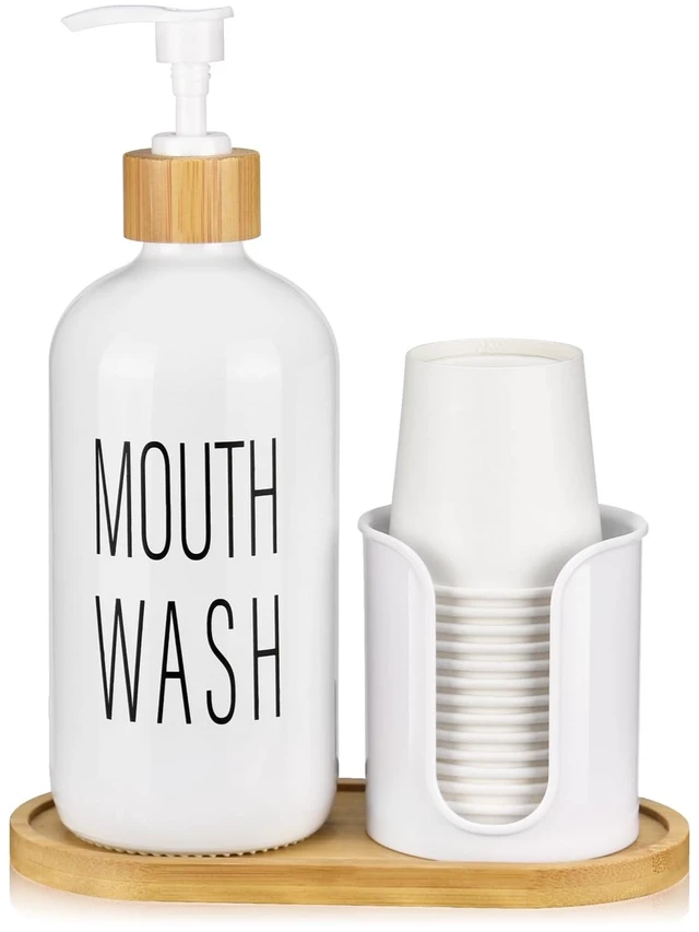 Main image of Glass Mouthwash Dispenser with Cup Holder - 16 oz Pump Bottle White Mouthwash Container for Bathroom - 14 Mouthwash Cups,Bamboo Tray and Funnel Included