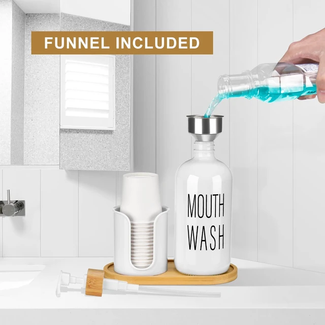 Alt view image 4 of 6 - Glass Mouthwash Dispenser with Cup Holder - 16 oz Pump Bottle White Mouthwash Container for Bathroom - 14 Mouthwash Cups,Bamboo Tray and Funnel Included