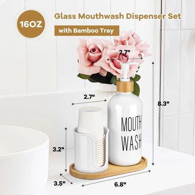 Alt view image 2 of 6 - Glass Mouthwash Dispenser with Cup Holder - 16 oz Pump Bottle White Mouthwash Container for Bathroom - 14 Mouthwash Cups,Bamboo Tray and Funnel Included