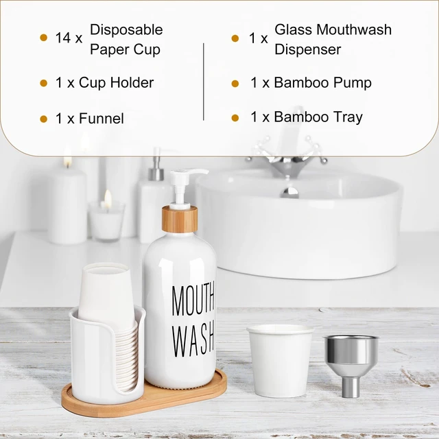 Alt view image 5 of 6 - Glass Mouthwash Dispenser with Cup Holder - 16 oz Pump Bottle White Mouthwash Container for Bathroom - 14 Mouthwash Cups,Bamboo Tray and Funnel Included