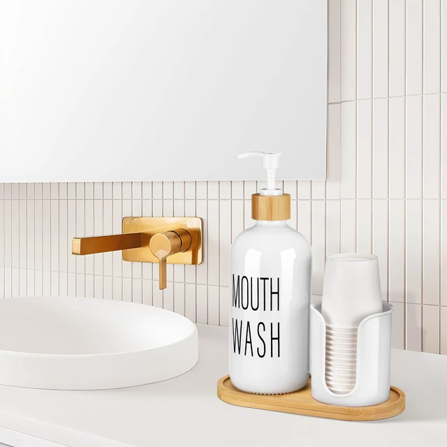 Alt view image 6 of 6 - Glass Mouthwash Dispenser with Cup Holder - 16 oz Pump Bottle White Mouthwash Container for Bathroom - 14 Mouthwash Cups,Bamboo Tray and Funnel Included