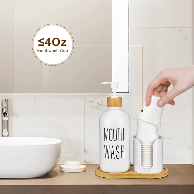 Alt view image 3 of 6 - Glass Mouthwash Dispenser with Cup Holder - 16 oz Pump Bottle White Mouthwash Container for Bathroom - 14 Mouthwash Cups,Bamboo Tray and Funnel Included