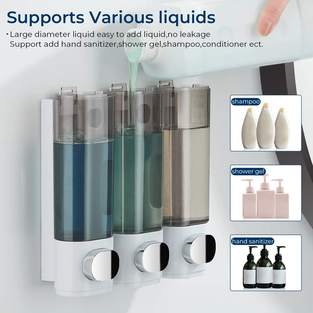 Alt view image 2 of 7 - Pollock Shower Soap Dispenser No Drill 3 Chamber*300ML,White | Shampoo and Conditioner Dispenser Wall Mounted,Shampoo Body Wash Conditioner for Bathroom Large Capacity