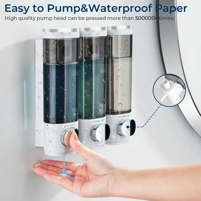 Alt view image 3 of 7 - Pollock Shower Soap Dispenser No Drill 3 Chamber*300ML,White | Shampoo and Conditioner Dispenser Wall Mounted,Shampoo Body Wash Conditioner for Bathroom Large Capacity