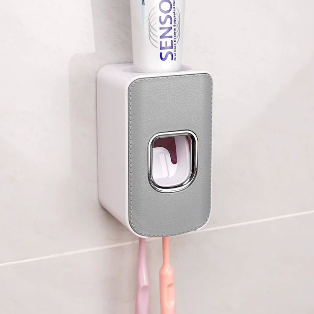 Alt view image 7 of 7 - 2 Slot Plastic Toothbrush Holder and Toothpaste Dispenser Wall Mounted, Automatic Toothpaste Squeezer, 2 in 1 Tooth Brush Toothpaste Organizer for Shower (Grey)