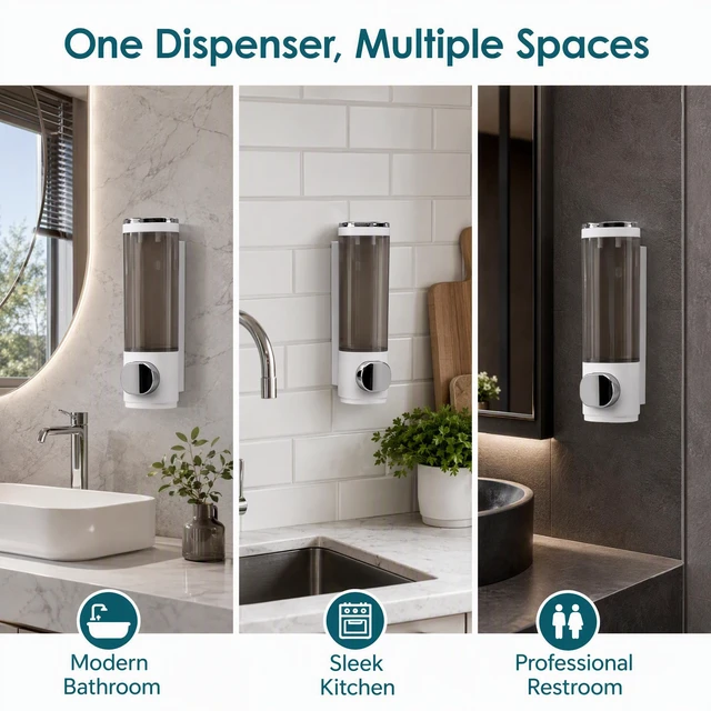 Alt view image 2 of 7 - Wall Mount Soap Dispenser 300ml, Shampoo & Body Wash Pump for Bathroom | Durable ABS, leak-proof pump, wall-mounted space saver, 300ml clear bottle, easy refill, for shower, kitchen, hotel, Brown