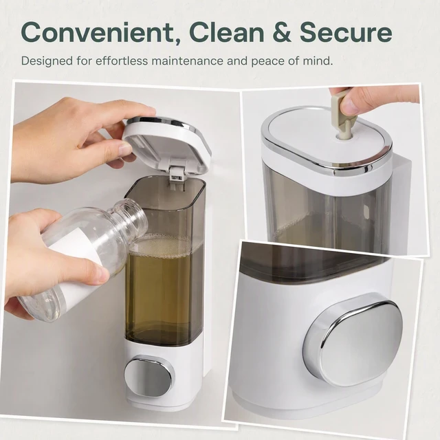 Alt view image 7 of 7 - Wall Mount Soap Dispenser 300ml, Shampoo & Body Wash Pump for Bathroom | Durable ABS, leak-proof pump, wall-mounted space saver, 300ml clear bottle, easy refill, for shower, kitchen, hotel, Brown