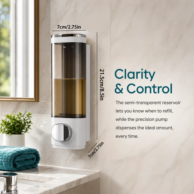 Alt view image 6 of 7 - Wall Mount Soap Dispenser 300ml, Shampoo & Body Wash Pump for Bathroom | Durable ABS, leak-proof pump, wall-mounted space saver, 300ml clear bottle, easy refill, for shower, kitchen, hotel, Brown