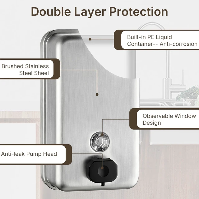 Alt view image 3 of 7 - SUS304 Stainless Steel Soap Dispenser Wall Mounted,37oz | Commercial Hand Soap Dsipenser 1100ML, Manual Anti-Leak Pump Liquid Soap Dispenser, Rust-Proof Lining Dispenser