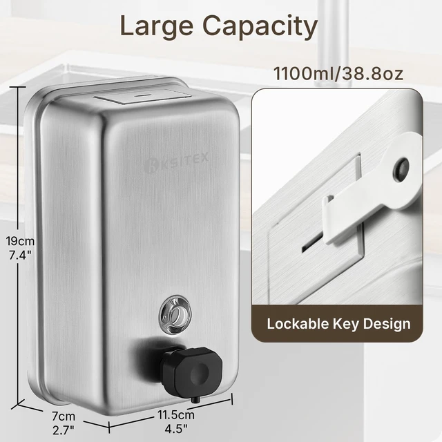 Alt view image 4 of 7 - SUS304 Stainless Steel Soap Dispenser Wall Mounted,37oz | Commercial Hand Soap Dsipenser 1100ML, Manual Anti-Leak Pump Liquid Soap Dispenser, Rust-Proof Lining Dispenser