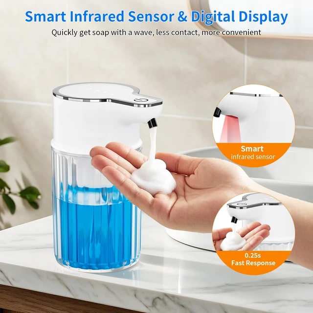 Alt view image 6 of 7 - Automatic Foam Soap Dispenser Touchless 12oz Wall Mounted | Rechargeable Soap Dispenser with 4 Adjustable Levels, Auto Hand Soap Dispenser for Kitchen, Bathroom Countertop