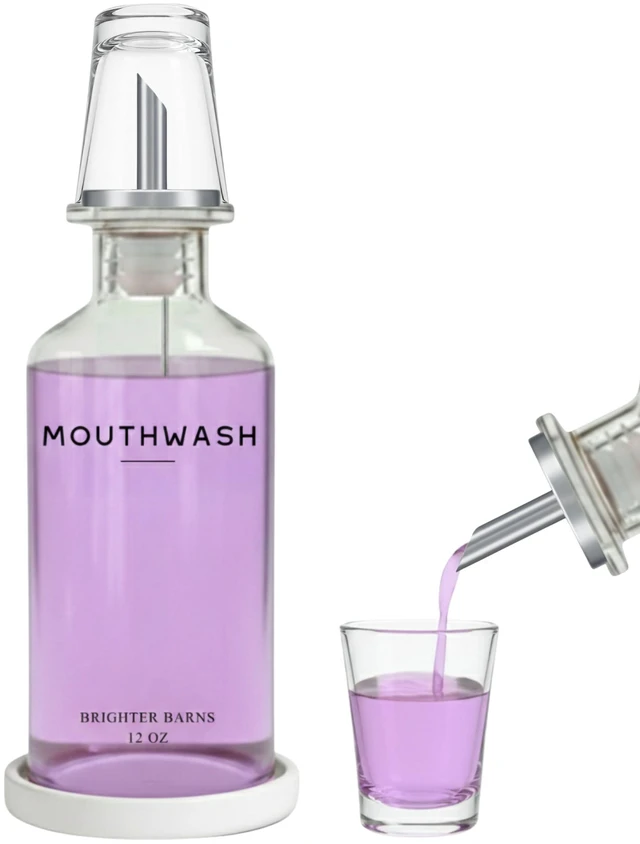 Main image of Glass Mouthwash Dispenser for Bathroom by Brighter Barns - Refillable Mouthwash Container with Glass Cup & Tray - 12oz Mouth Wash Dispenser for Bathroom Sink, Home Decor, Dental Office, Hotel (Clear)