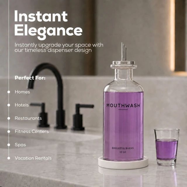 Alt view image 2 of 7 - Glass Mouthwash Dispenser for Bathroom by Brighter Barns - Refillable Mouthwash Container with Glass Cup & Tray - 12oz Mouth Wash Dispenser for Bathroom Sink, Home Decor, Dental Office, Hotel (Clear)