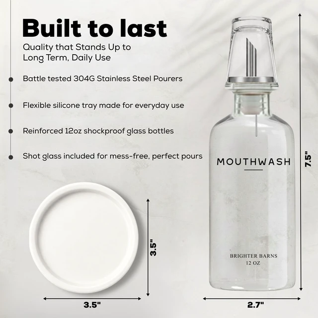 Alt view image 3 of 7 - Glass Mouthwash Dispenser for Bathroom by Brighter Barns - Refillable Mouthwash Container with Glass Cup & Tray - 12oz Mouth Wash Dispenser for Bathroom Sink, Home Decor, Dental Office, Hotel (Clear)