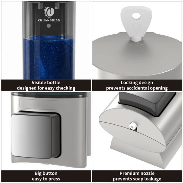 Alt view image 2 of 7 - Manual Soap Dispenser Wall Mount, 6.76oz/200ml, No Drill, with Key, Silver Shampoo Conditioner Body Wash Dispenser, Leak-Proof, Refillable, Home Kitchen Guest Bathroom Washroom Laundry Room Garage RV