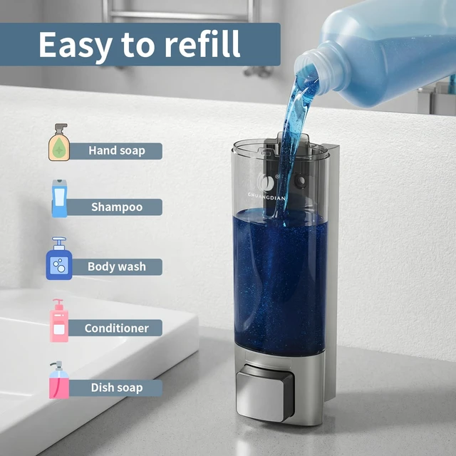 Alt view image 5 of 7 - Manual Soap Dispenser Wall Mount, 6.76oz/200ml, No Drill, with Key, Silver Shampoo Conditioner Body Wash Dispenser, Leak-Proof, Refillable, Home Kitchen Guest Bathroom Washroom Laundry Room Garage RV