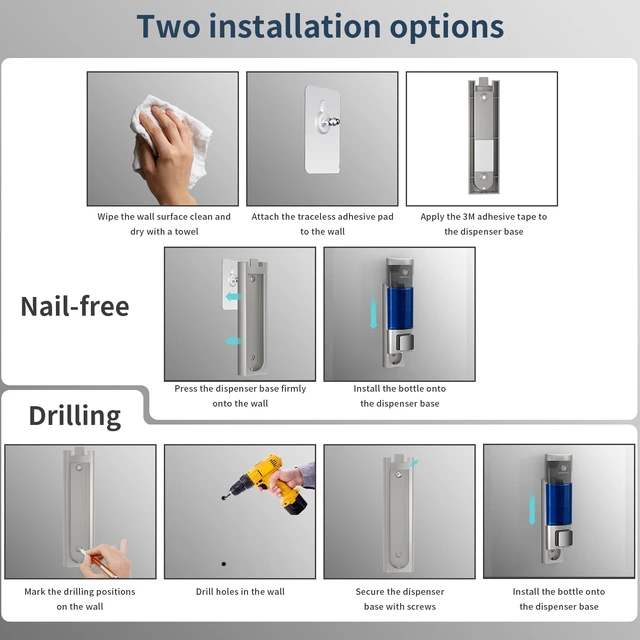 Alt view image 4 of 7 - Manual Soap Dispenser Wall Mount, 6.76oz/200ml, No Drill, with Key, Silver Shampoo Conditioner Body Wash Dispenser, Leak-Proof, Refillable, Home Kitchen Guest Bathroom Washroom Laundry Room Garage RV